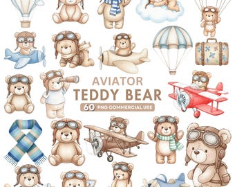 Aviator Teddy Bear Clipart, Watercolor Pilot Bear, Baby Shower, Nursery Wall Art, Digital Download