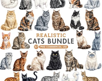 May include: A digital collection of 57 realistic cat illustrations featuring various breeds and coat patterns, including tabby, calico, solid, and spotted designs. The central text reads REALISTIC CATS BUNDLE 57 PNG COMMERCIAL USE.