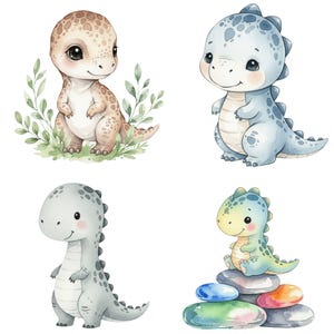 Pastel cartoon dinosaur PNG images for planners, scrapbooks, kids’ crafts, and digital baby shower designs.