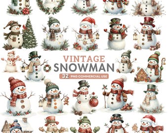 Vintage Snowman Clipart, Christmas PNG, Watercolor Winter Clipart, Whimsical Holiday Graphics, Snowman Sublimation, Winter Digital Download