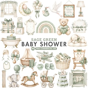 Könnte beinhalten: Eine Sammlung von Aquarellillustrationen zum Thema Babyparty in Salbeigrün, darunter ein schlafendes Baby auf einem Mond, ein Storch, ein Teddybär, ein Regenbogen, eine Wiege, ein Schaukelpferd, ein Kinderwagen, eine Badewanne und Babykleidung.