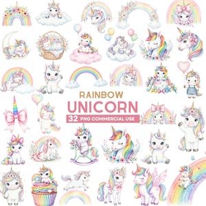 Puede incluir: Colección de ilustraciones en acuarela con unicornios, arcoíris, nubes y elementos florales. El texto "RAINBOW UNICORN" se muestra con el número "32 PNG COMMERCIAL USE". Las imágenes son en colores pastel.