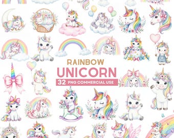 Imágenes prediseñadas de unicornios lindos, unicornios arcoíris y pastel de acuarela, baby shower, decoración infantil, invitaciones para fiestas, PNG de cuentos de hadas, uso comercial