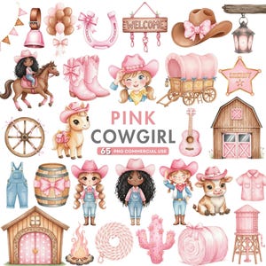 Puede incluir: Colección de ilustraciones con temática de vaquera rosa. La imagen incluye una vaquera montada a caballo, una carreta, botas, una guitarra, un granero y un cactus. También está presente el texto "PINK COWGIRL" y "65 PNG COMMERCIAL USE".