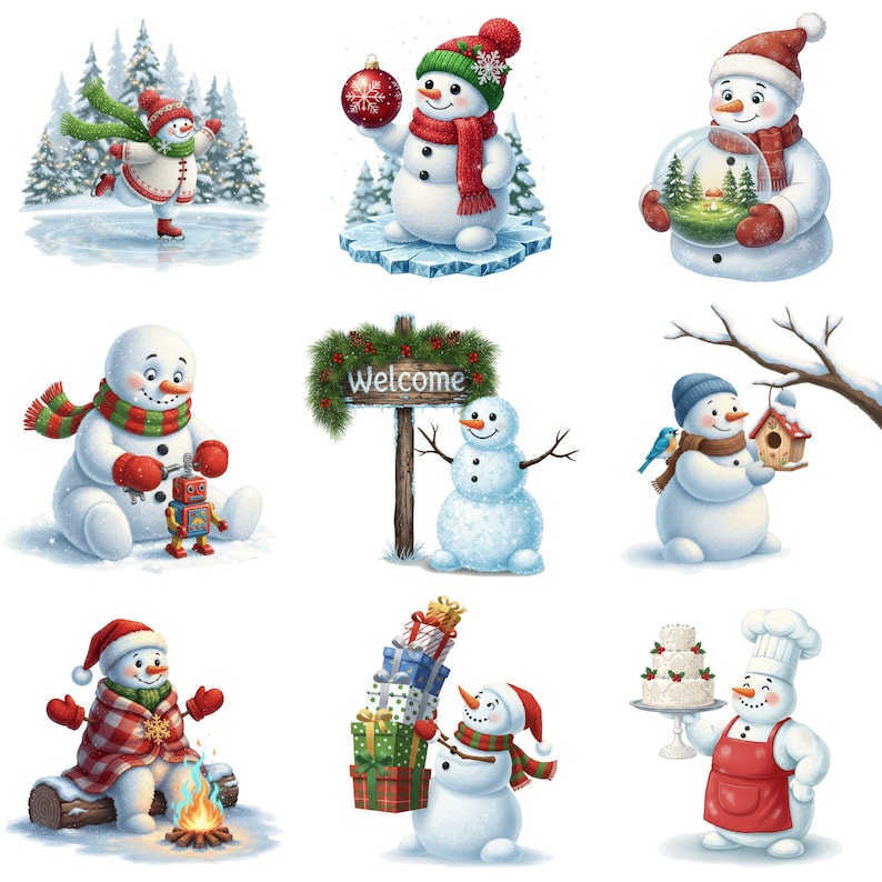 Vintage-style snowman watercolor clipart with rustic charm for Christmas designs and paper crafts.