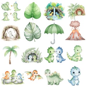 Cute cartoon dinosaur clip art bundle with adorable baby dinos, great for nursery prints, baby shower designs, and scrapbooking projects.