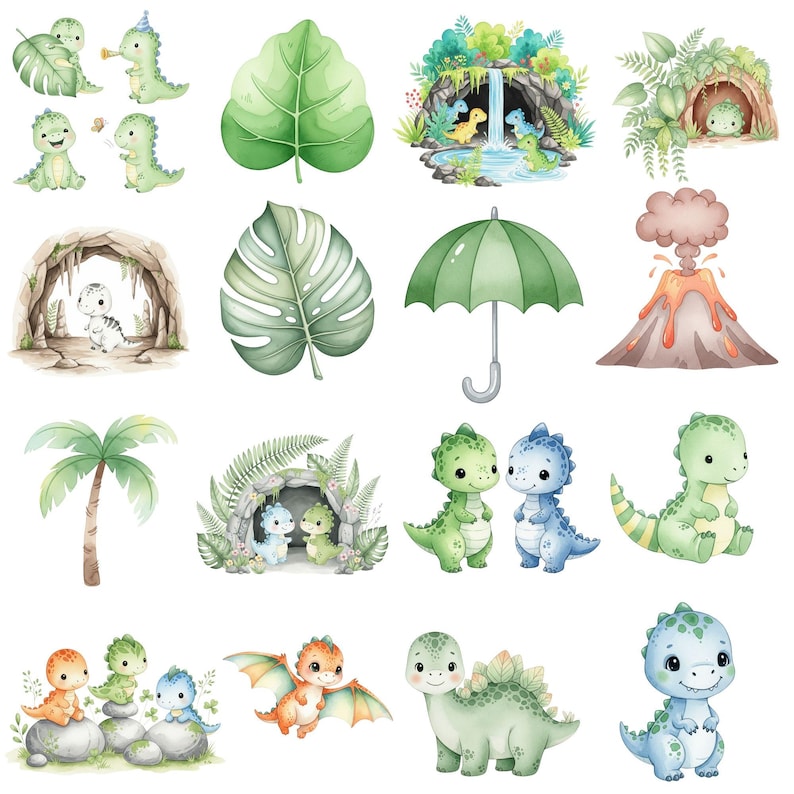 Cute cartoon dinosaur clip art bundle with adorable baby dinos, great for nursery prints, baby shower designs, and scrapbooking projects.
