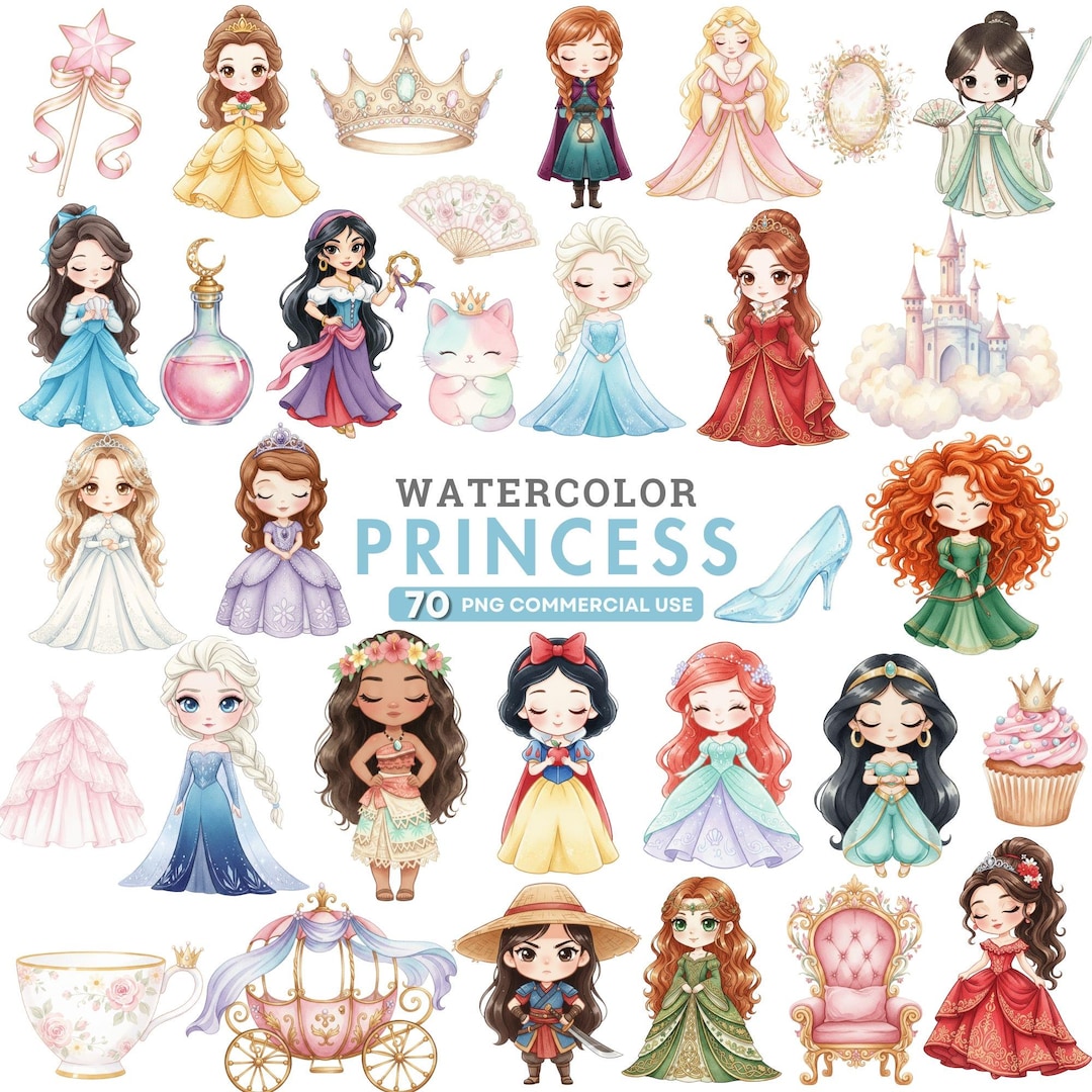 Watercolor Princess Clipart, Cute Princess PNG Bundle, Fairytale Castle ...