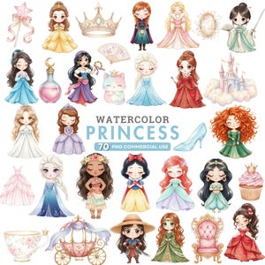 Könnte beinhalten: Aquarellillustrationen verschiedener Prinzessinnen, darunter Belle und Schneewittchen, in ihren ikonischen Kleidern. Das Bild zeigt auch einen Glasschuh, einen Cupcake, eine Kutsche und den Text "WATERCOLOR PRINCESS".
