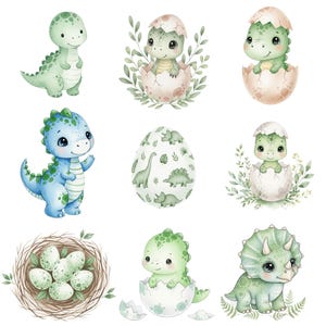 Soft pastel dinosaur clipart set for printable wall art, dino-themed party decorations, and nursery posters.