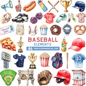 以下が含まれることがあります： 野球の要素の水彩イラスト。野球ボール、グローブ、バット、ジャージ、ヘルメット、ポップコーンが含まれています。「Baseball Elements」と「46 PNG Commercial Use」のテキストも含まれています。