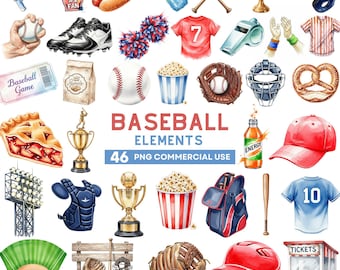 Baseball Clipart Bundle, Watercolor Sports PNG, Baseball Bat, Glove, Jersey, Softball Player Clipart, Sport Ball Graphics, Commercial Use
