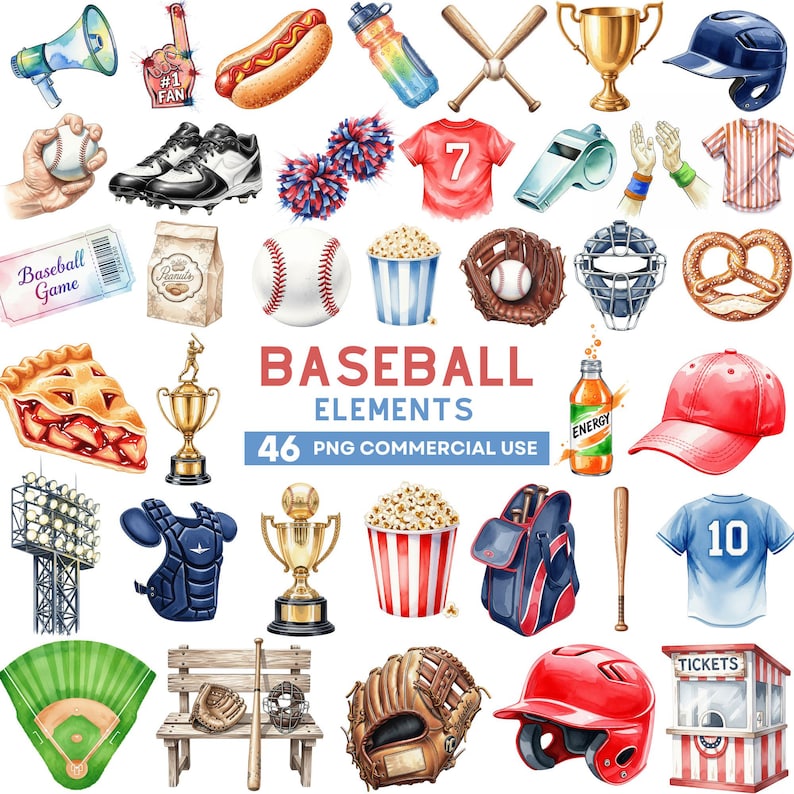 Baseball Clipart Bundle, Watercolor Sports PNG, Baseball Bat, Glove ...