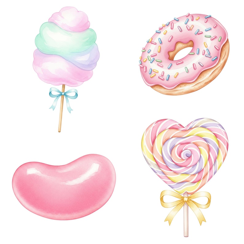 Cute pastel dessert illustrations in Candyland theme, including lollipop clipart, cupcake graphics, and cotton candy in soft colors