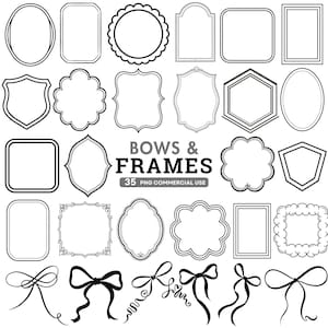Könnte beinhalten: Schwarz-Weiß-Illustrationen verschiedener Rahmenformen, darunter ovale, rechteckige und gezackte Designs. Das Bild enthält auch Schleifenillustrationen und den Text "BOWS & FRAMES".
