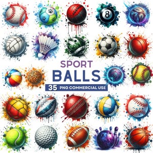 Sports Ball Clipart Bundle, Watercolor Sports Balls, Basketball Clipart, Soccer Ball PNG, Football Clipart, Baseball, Tennis, Golf, Softball
