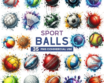 Watercolor Sports Ball Clipart, Basketball, Soccer, Football, Baseball, Tennis, Golf, Softball, PNG, Sports Designs, Commercial Use Clipart