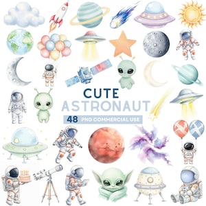 Cute Astronaut Clipart, Outer Space Clipart for Kids, Rocket Ship PNG, Galaxy Clipart, Alien UFO Clipart, Planets PNG, Birthday Party Art