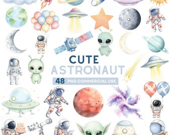 Outer Space Clipart, Cute Astronaut Clipart, Rocket Ship, Galaxy Planets, Baby Astronaut, Space Birthday, Nursery Wall Art, Baby Shower Pngs