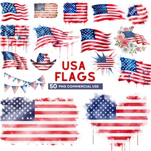 USA Flag Clipart PNG Bundle, Watercolor American Flag, Distressed Patriotic Clipart, 4th of July Sublimation, Digital Download for Crafts
