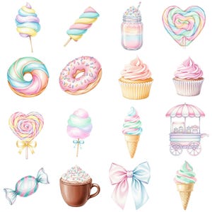 Sweet treats clipart with watercolor desserts like pastel macarons, lollipops, cupcakes, and candy, ideal for kids party designs