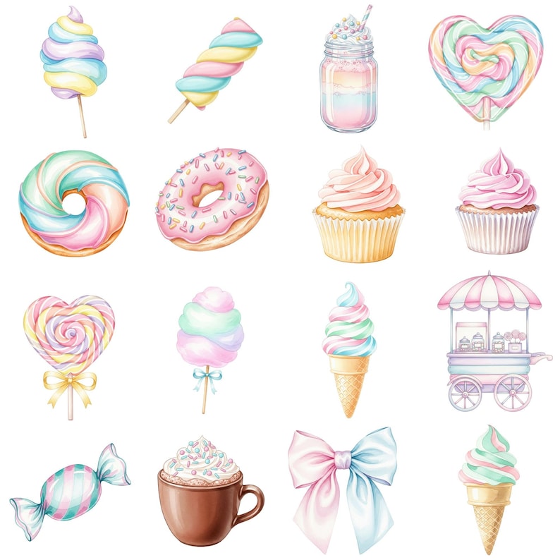 Sweet treats clipart with watercolor desserts like pastel macarons, lollipops, cupcakes, and candy, ideal for kids party designs