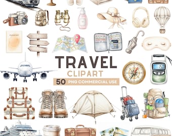 Clipart de viajes en acuarela, clipart de vacaciones, PNG de aventura, clipart de vacaciones de verano, clipart de maleta, arte de viaje por carretera, pasión por viajar