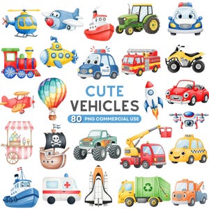 Cute Vehicle Clipart, Kids Transportation Clipart, Watercolor Car PNG, Construction Truck Clipart, Fire Truck, School Bus Png, Nursery Decor
