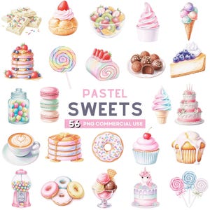 Pastel Sweets Clipart, Candyland Clipart, Cotton Candy PNG, Cupcake Clipart, Ice Cream Clipart, Lollipop, Dessert Clipart, Commercial Use