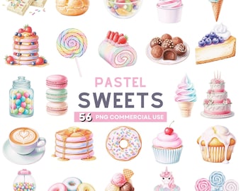 May include: Watercolor illustration of various pastel sweets, including cakes, ice cream, donuts, and macarons. The image features a gumball machine, a cup of coffee, and a stack of pancakes. The text "PASTEL SWEETS" is displayed in the center.