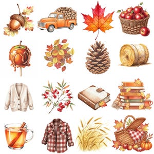 Watercolor Autumn Clipart collection including pumpkins, autumn trees, and cozy harvest-themed illustrations.