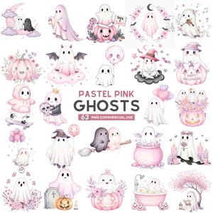 Pink Pastel Halloween Ghost Clipart, Kawaii Spooky Ghost PNG, Cute Goth Halloween Aesthetic, Pastel Halloween Clipart, Commercial Use Bundle