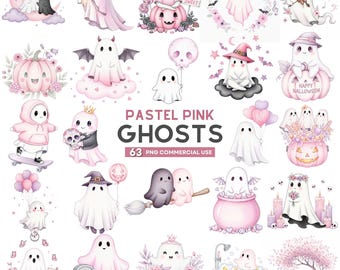 Clipart fantôme d'Halloween pastel, rose Kawaii fantôme effrayant PNG, esthétique d'Halloween gothique mignon, Clipart Halloween pastel, usage Commercial Bundle