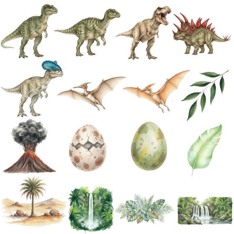 Dinosaur nursery art clipart set with T-Rex and Triceratops illustrations, hand-painted in soft, detailed watercolor style.