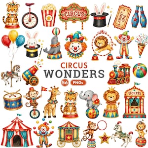 Puede incluir: Una colección de ilustraciones con temática de circo que incluye un tigre, monociclo, palomitas, letrero de circo, sombrero de copa con conejo, boleto, bolos, globos, foca, payaso, león, cañón, tren, tambor, mono, jirafa, elefante y carpa.