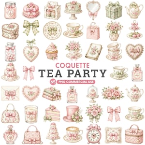 May include: A collection of digital illustrations featuring pink and green tea party items, including teapots, teacups, cakes, bows, perfume bottles, and floral arrangements, with the text COQUETTE TEA PARTY 65 PNG COMMERCIAL USE centred.