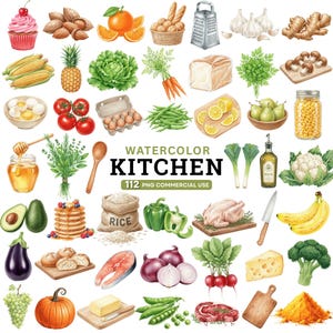 Puede incluir: Ilustración en acuarela de varios artículos de cocina, incluyendo frutas, verduras y productos de panadería. La imagen presenta una magdalena, almendras, naranjas, pan, un rallador, ajo, maíz, piña, lechuga, zanahorias, huevos, tomates, judías verdes, limones, peras y más.