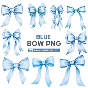 Watercolor blue ribbon bow clipart with soft pastel tones on transparent background