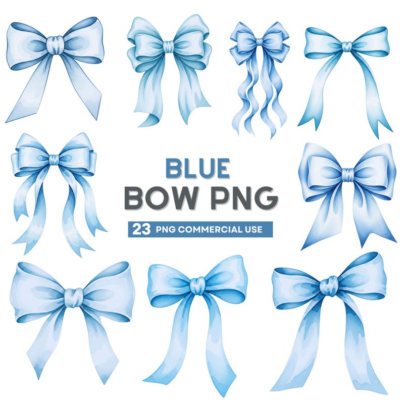 Watercolor blue ribbon bow clipart with soft pastel tones on transparent background
