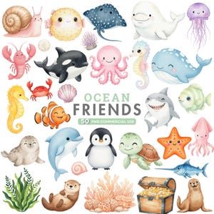 Puede incluir: Ilustración en acuarela de varias criaturas marinas, incluyendo un caracol, pez globo, manta raya, beluga, medusa, langosta, orca, pulpo, caballito de mar, ballena, tiburón, pez, calamar, foca, delfín, pingüino, tortuga, estrella de mar, nutria, coral y cofre del tesoro. Texto: "OCEAN FRIENDS".