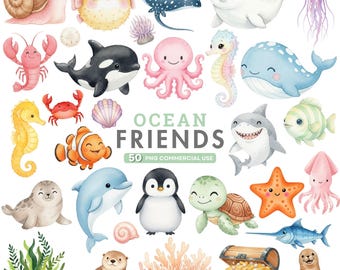 Cute Under the Sea Animals Clipart, Watercolor Ocean Animals PNG, Whale, Octopus, Jellyfish, Nursery Wall Art, Baby Shower Decor, Kids Room