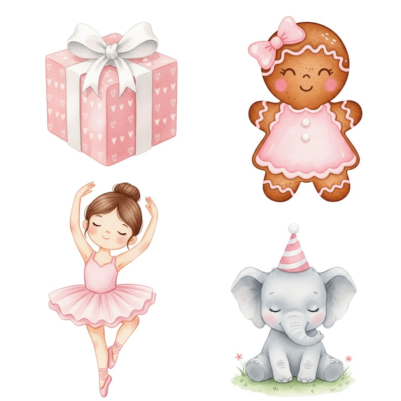 Watercolor Christmas clipart of pink Nutcracker and ballet characters, designed for commercial use in invitations, holiday decor, and digital downloads.