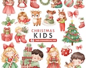 Cute Christmas Kids Clipart, Watercolor Christmas PNG, Reindeer Snowman Santa Elf, Kawaii Xmas Characters, Gingerbread, Commercial Use