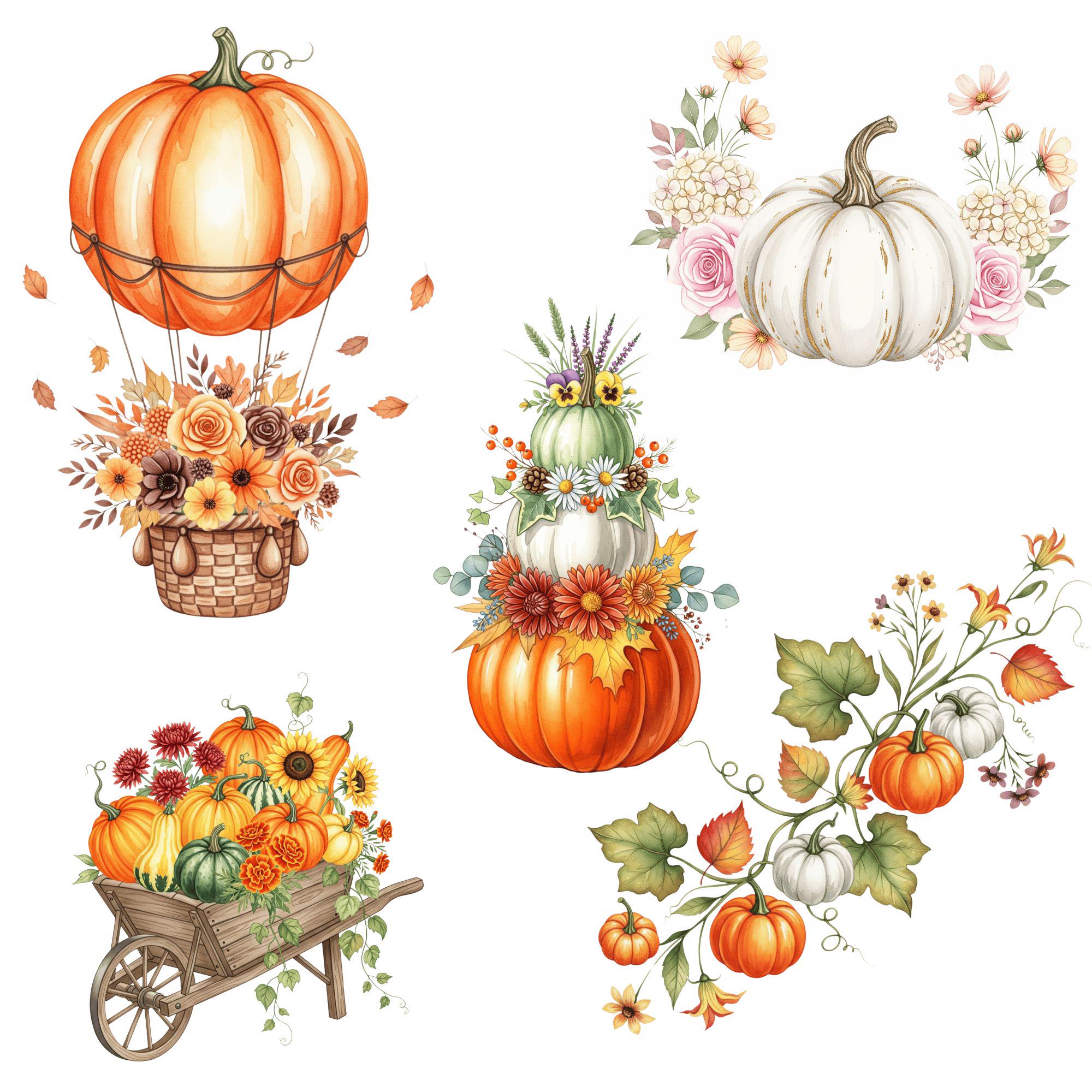Watercolor Fall Pumpkin Clipart, Floral Autumn, Watercolor Pumpkin PNG ...