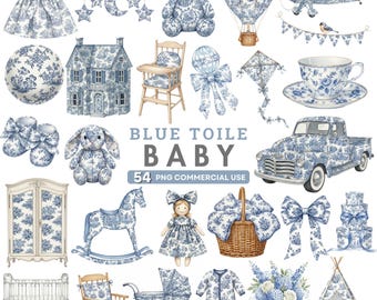 Blue Toile Baby Clipart, Chinoiserie Toile De Jouy, French Toile Nursery PNG, Baby Boy Shower Clipart Set, Vintage Watercolor Teddy Bear