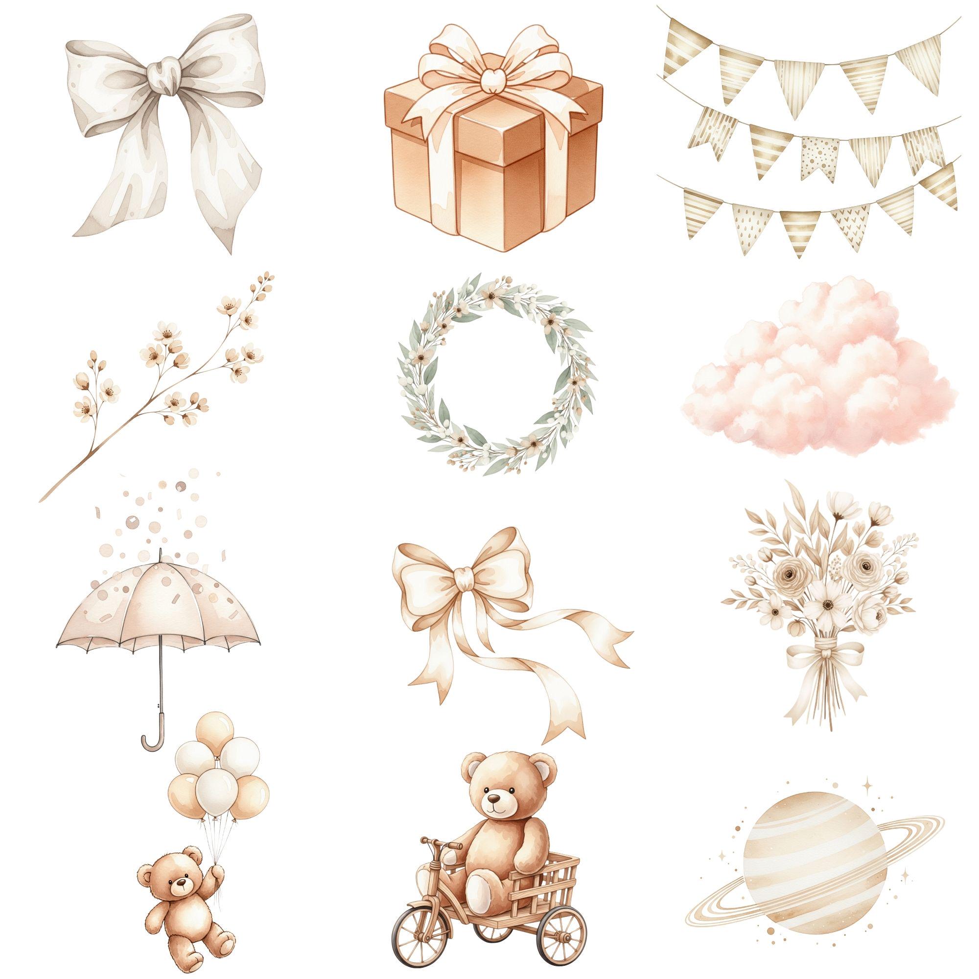 Teddy Bear Clipart, Neutral Boho Baby Shower Clipart, Watercolor Teddy ...