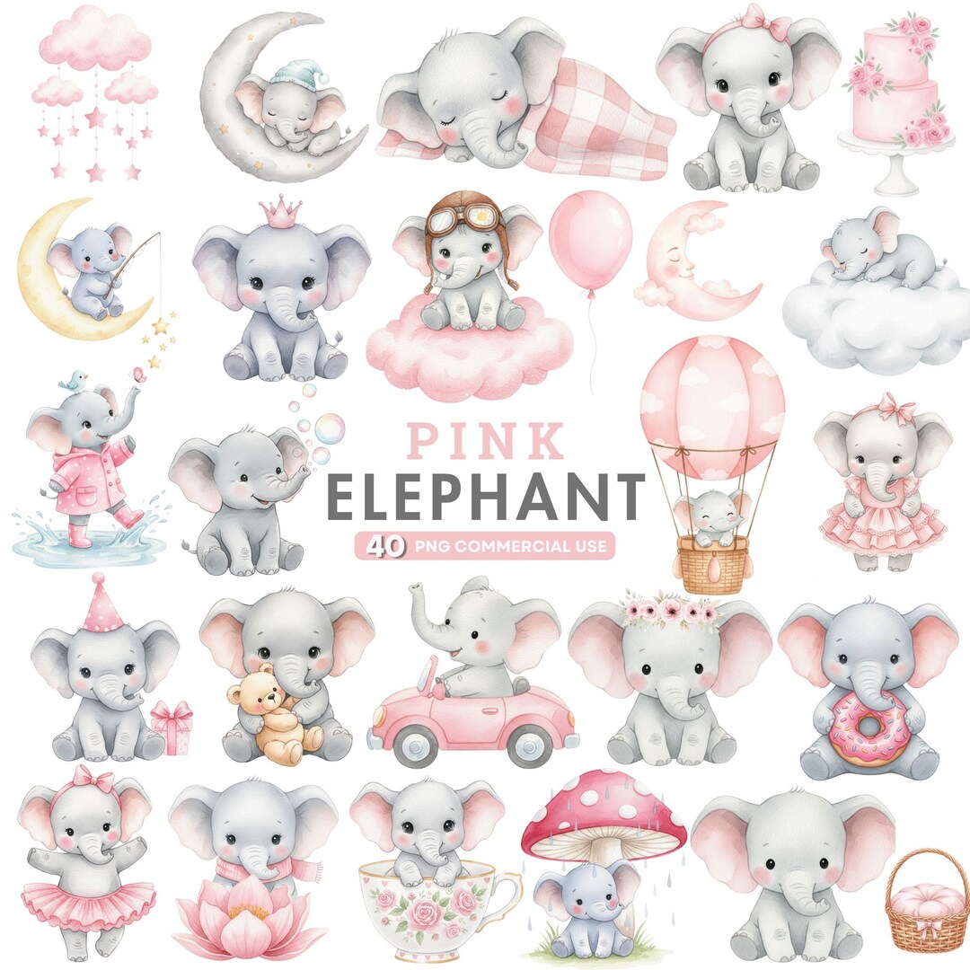 Watercolor Elephant Clipart, Pink Baby Elephant PNG, Cute Safari Animal ...