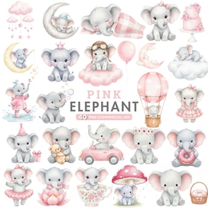 May include: A collection of watercolor illustrations featuring adorable gray elephants in various poses. Some elephants wear crowns, pilot goggles, or dresses. The images include a hot air balloon, a car, and a mushroom, all in soft pink hues.