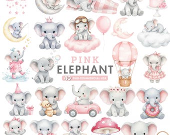 Watercolor Elephant Clipart, Pink Baby Elephant PNG, Cute Safari Animal Clipart, Baby Shower Clipart, Baby Girl Elephant, Nursery Clipart
