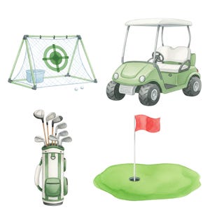 Watercolor sports clipart PNG with golf cart, golf club, and ball designs, suitable for digital artwork, invitations, and Father’s Day projects.